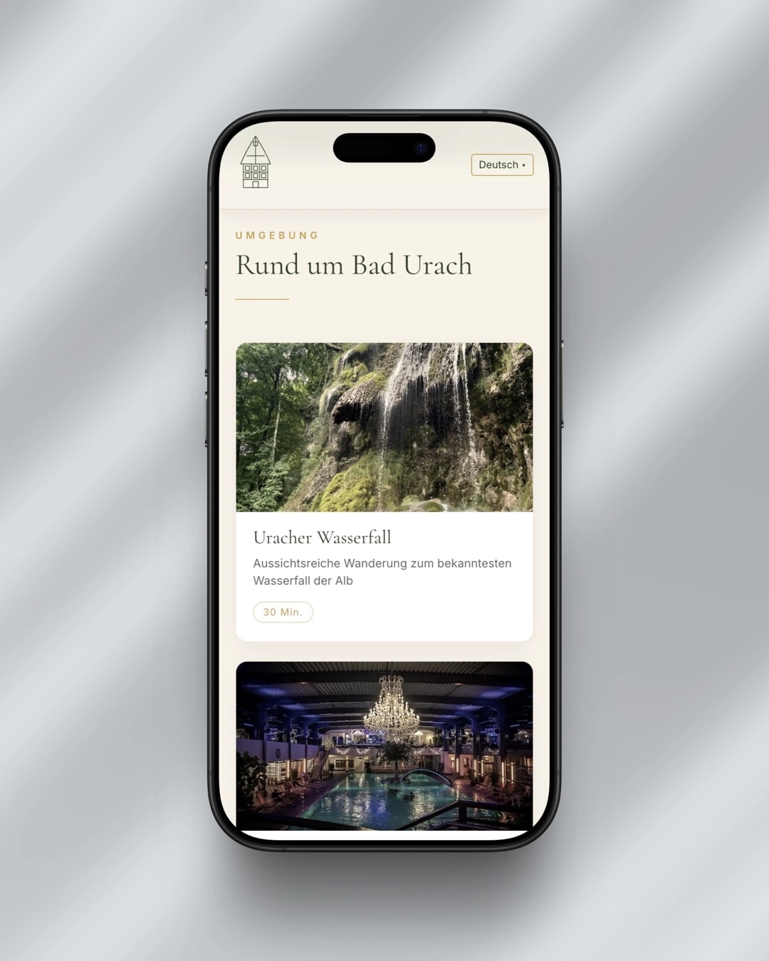 Mobile Ansicht „Rund um Bad Urach“ mit Tipps wie dem Uracher Wasserfall