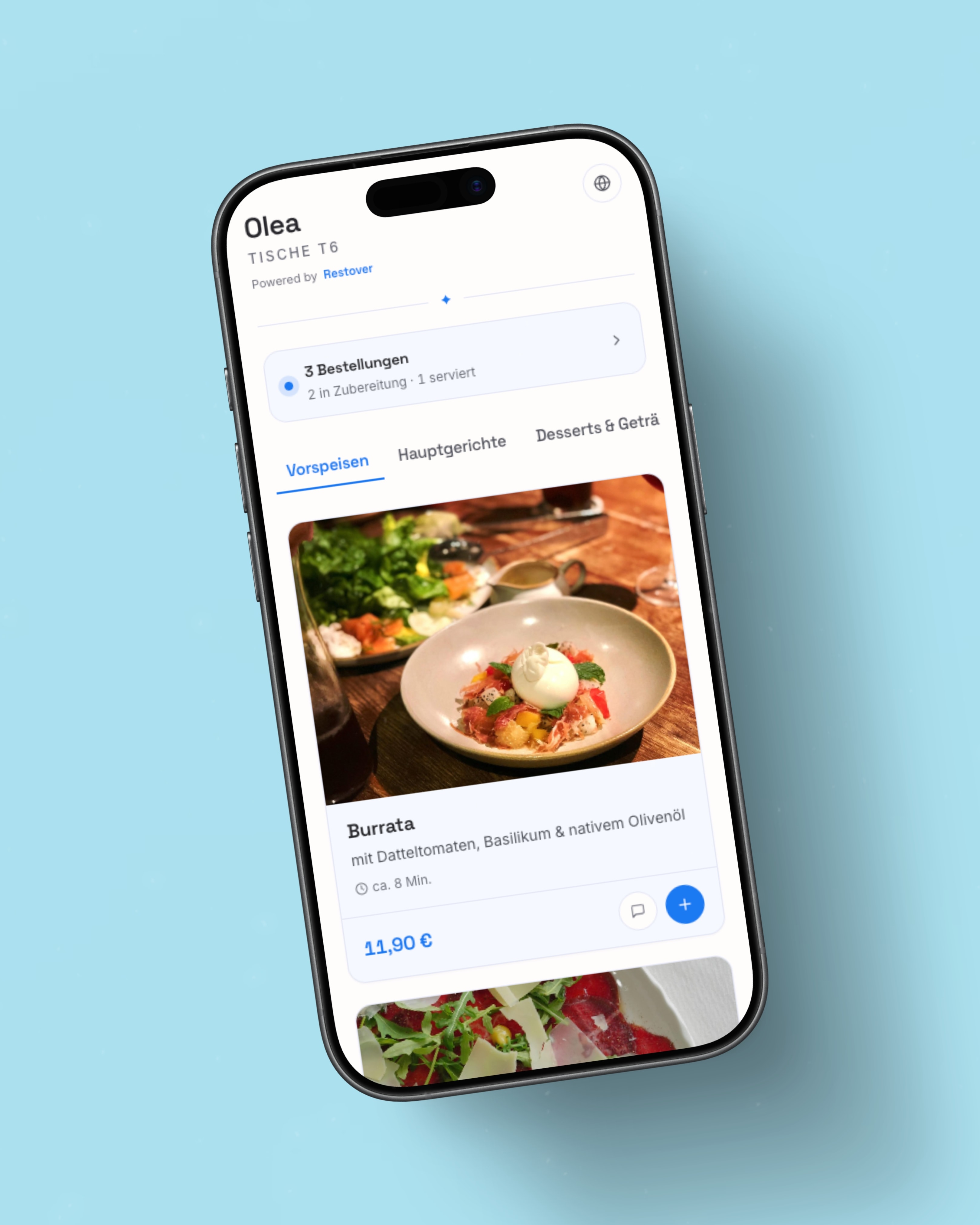 Digitale Speisekarte der Gäste-App mit Gerichtsfotos und Kategorien