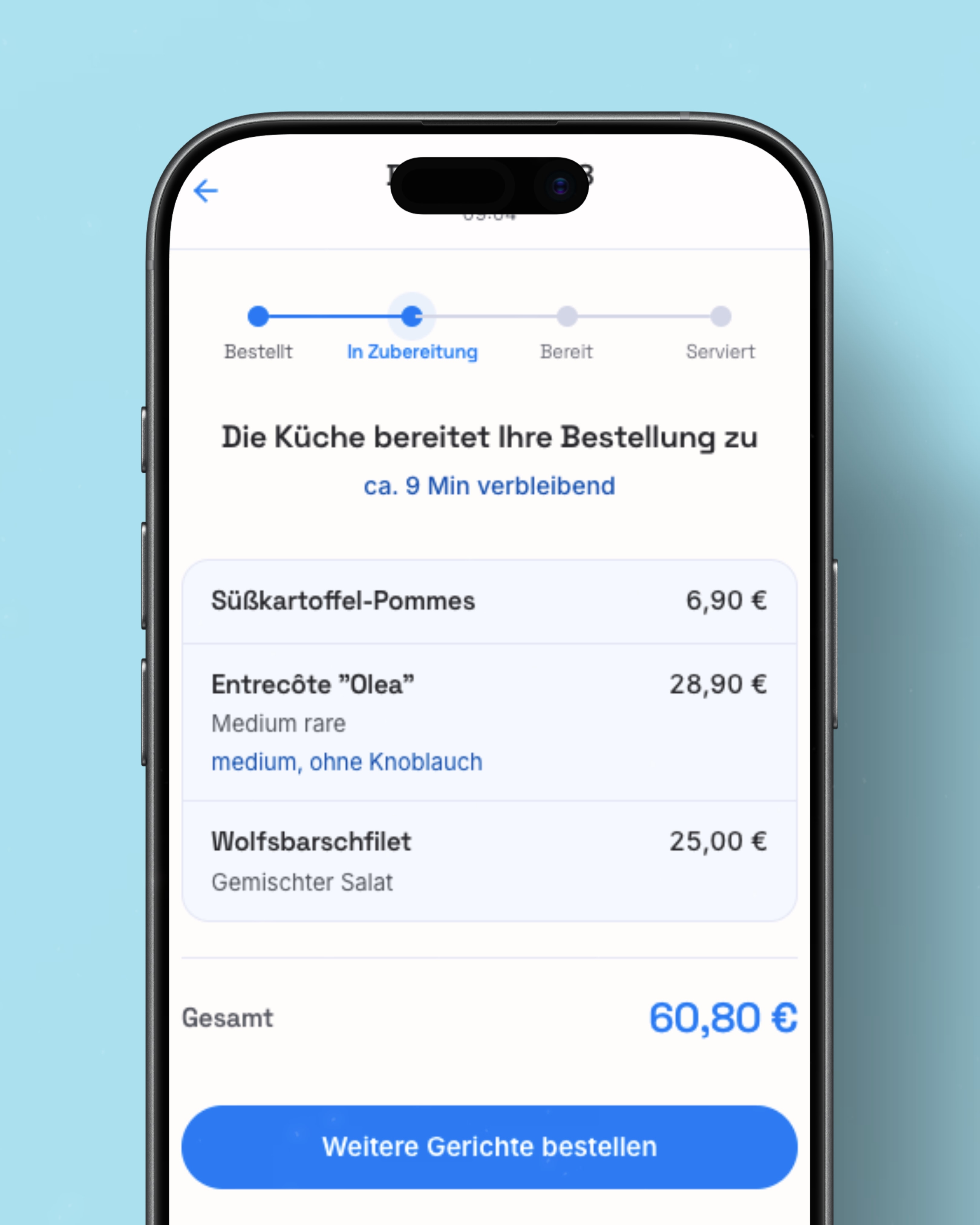 Bestellübersicht der Gäste-App mit Summe und Nachbestell-Button