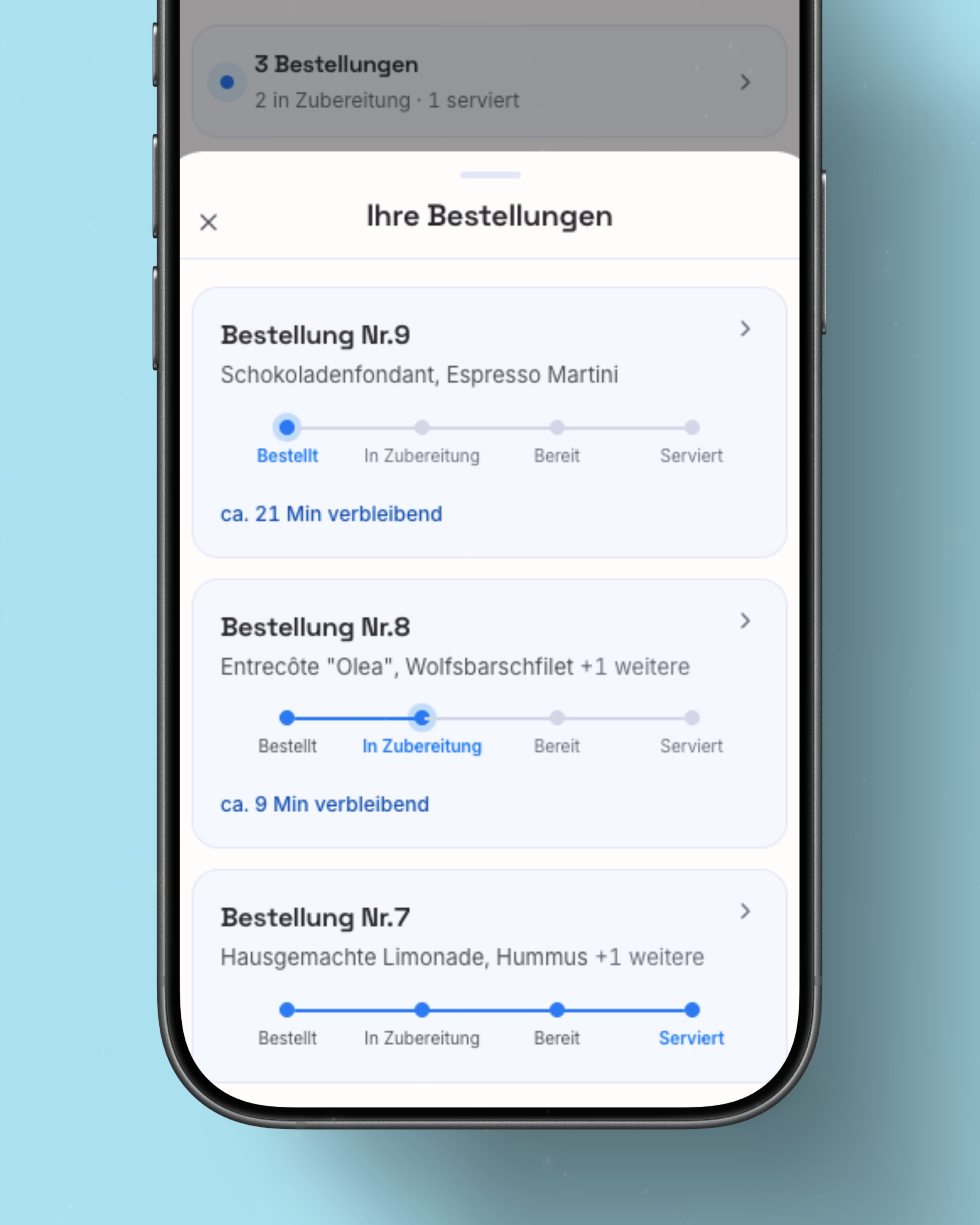 Echtzeit-Bestellverfolgung der Gäste-App mit Statusleiste und Restzeit