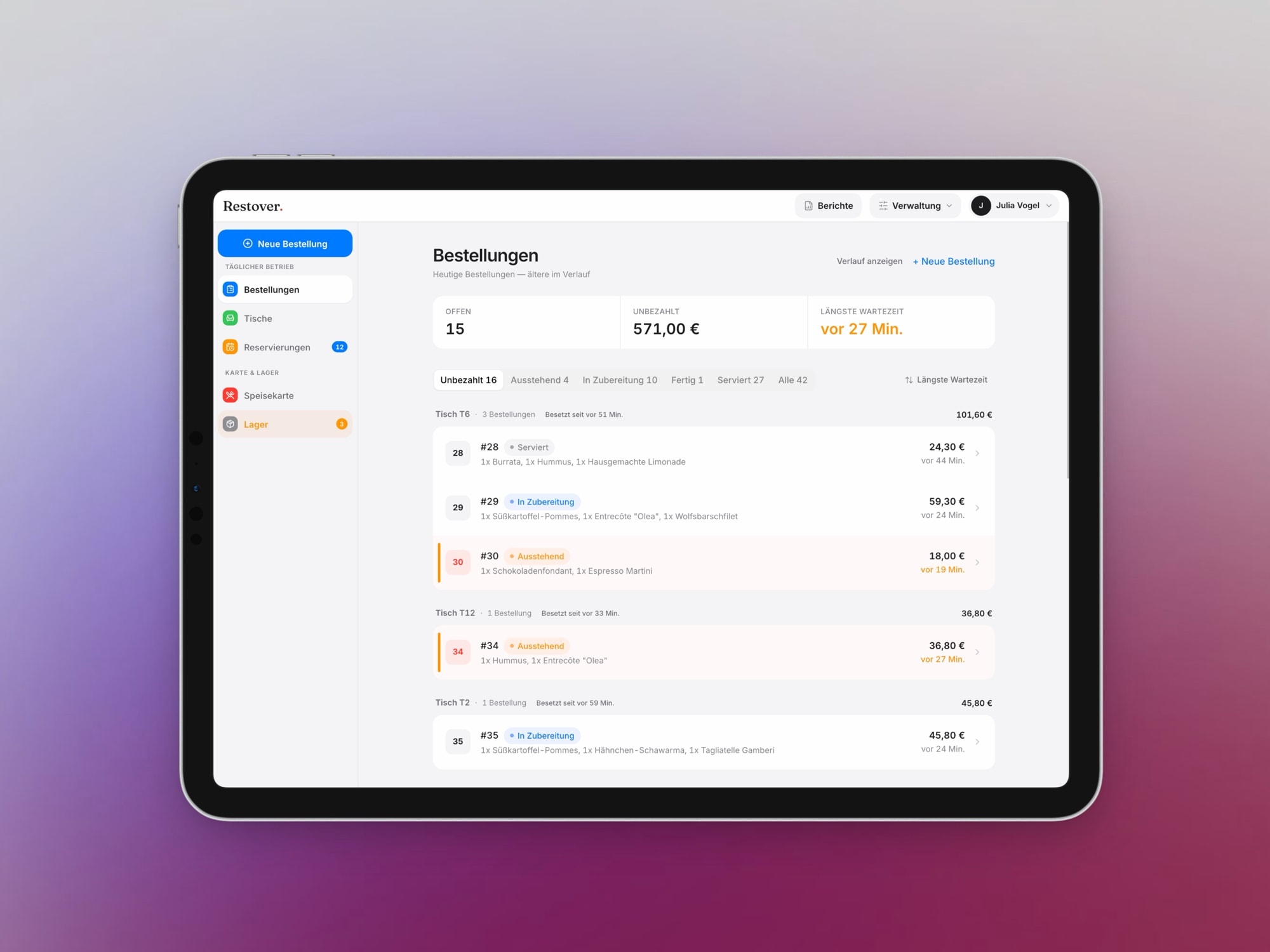 Restover POS-Dashboard auf einem iPad