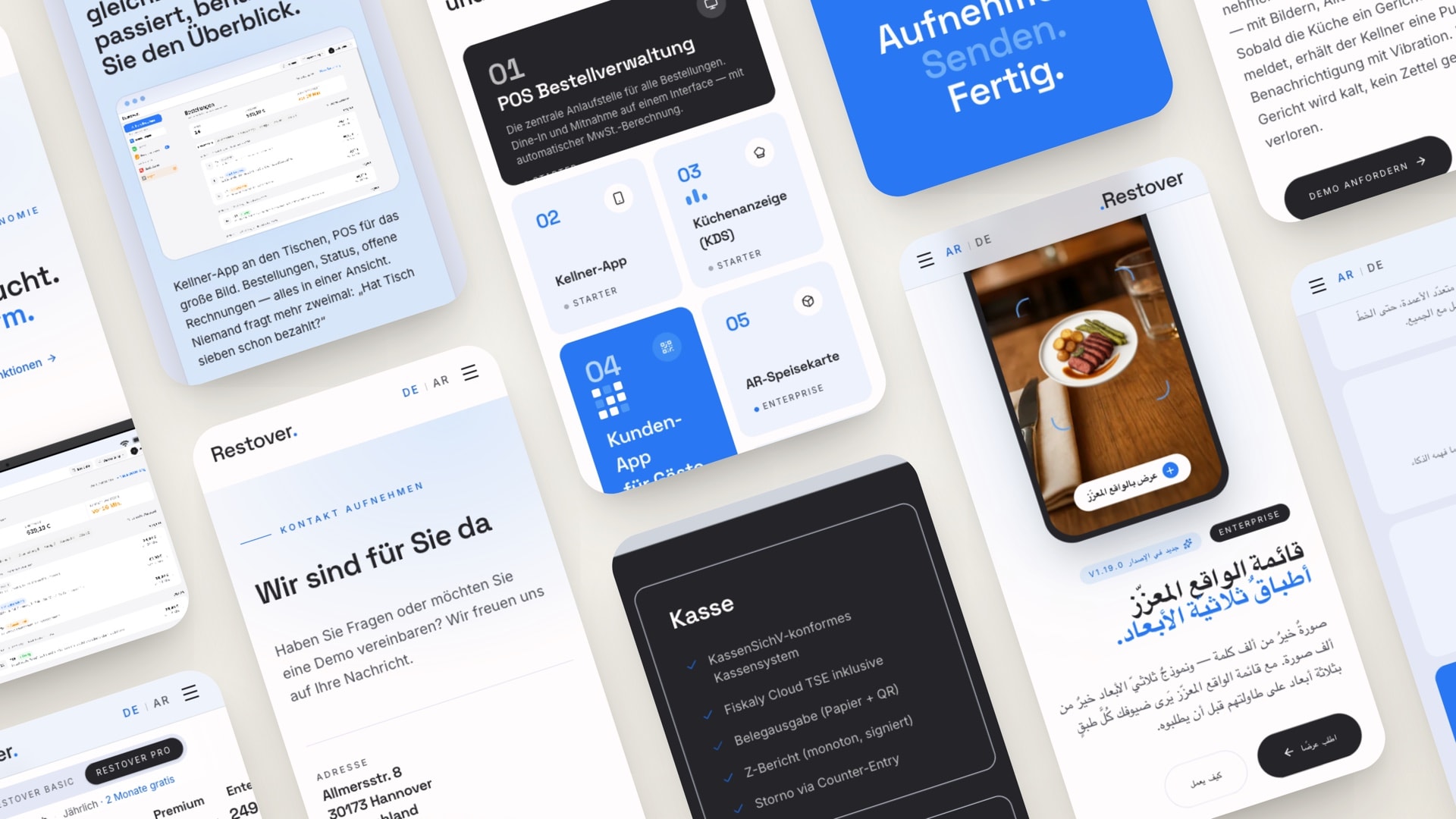 Sechs mobile Funktionsseiten von Restover, in einem gekippten Raster angeordnet