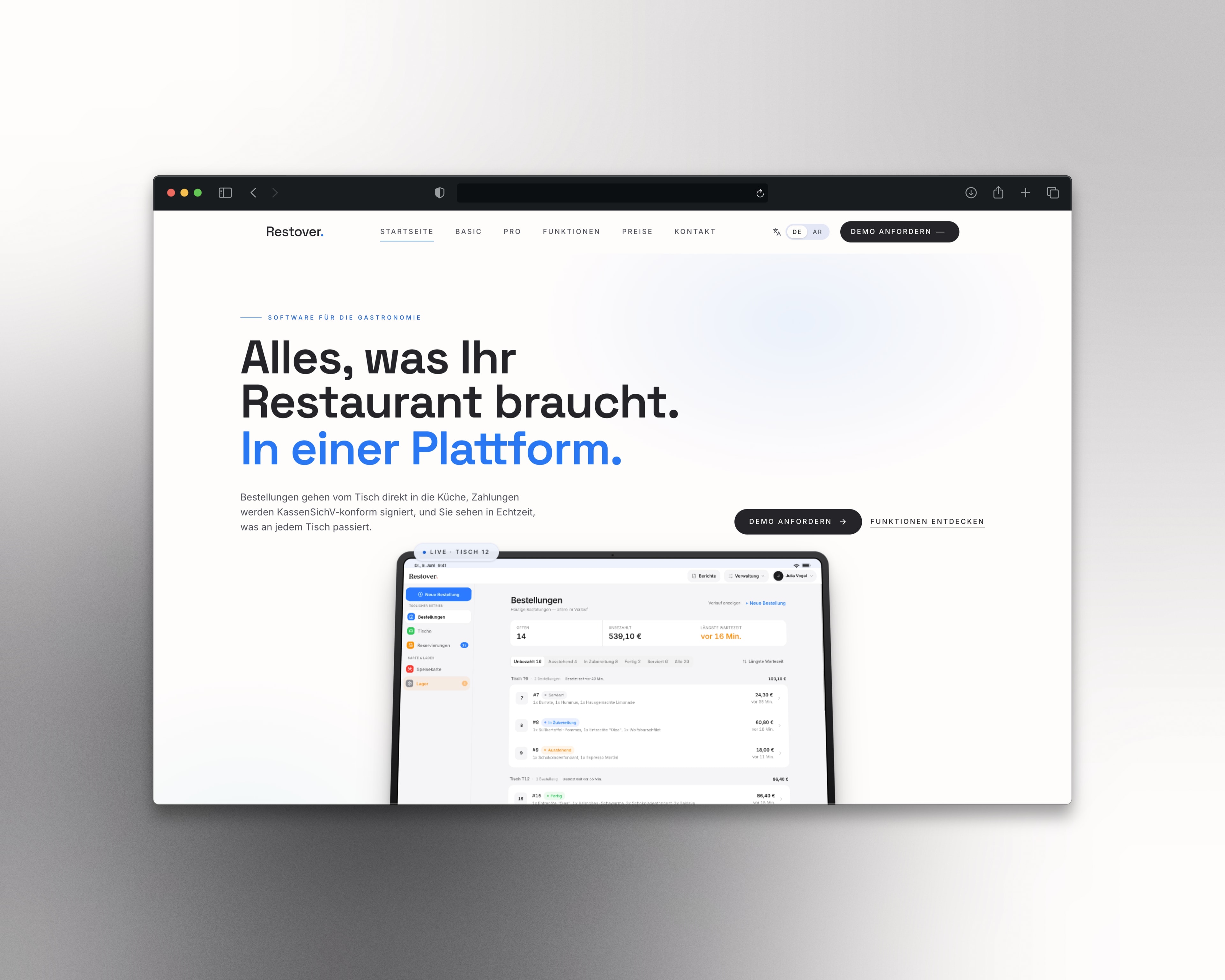Restover-Startseite mit der Überschrift „Alles, was Ihr Restaurant braucht. In einer Plattform.“