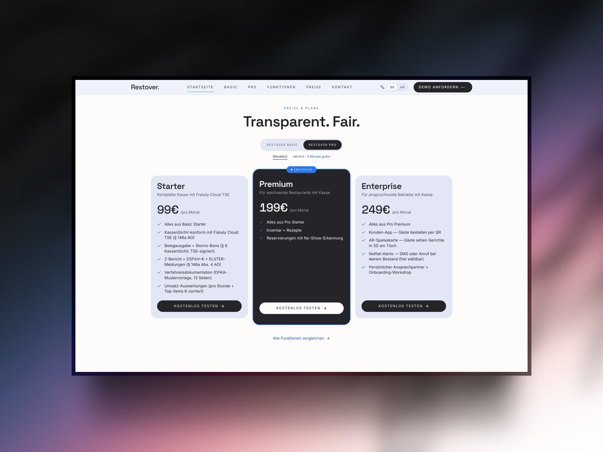 Restover-Preisseite mit den Tarifen Starter, Premium und Enterprise